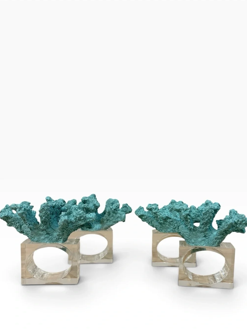 Coastal Style Blue Faux Coral With Acrylic Base Napkin Rings Set of 4